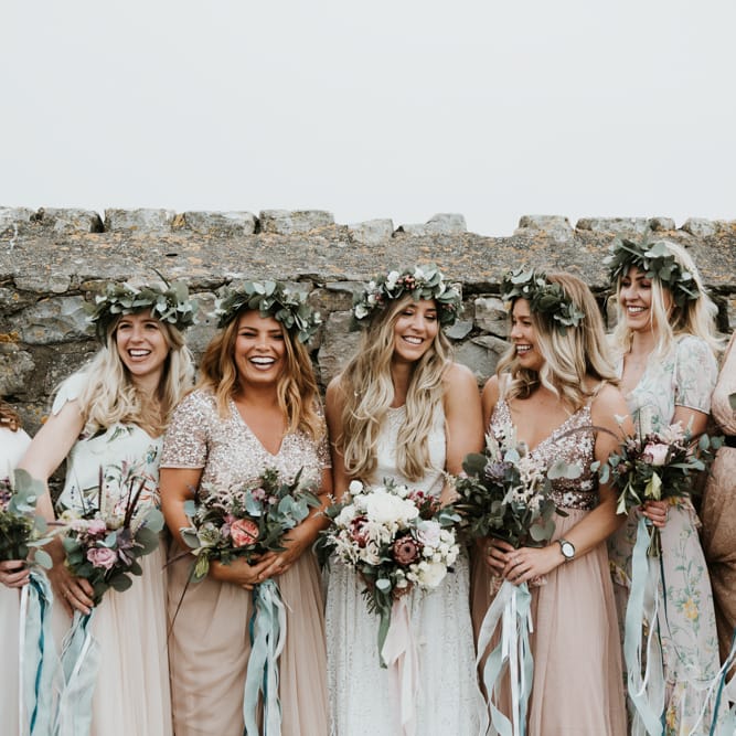 Bridesmaids In Mismatched Dresses For A Boho Beach Wedding // Second Hand Wedding Dress For An Eco Friendly Budget Wedding At Slade Farm In Wales With Images From Francesca Hill Photographer