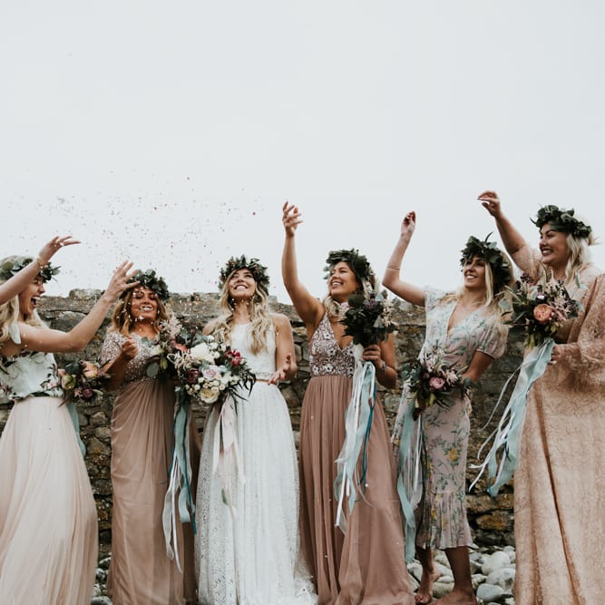 Bridesmaids In Mismatched Dresses For A Boho Beach Wedding // Second Hand Wedding Dress For An Eco Friendly Budget Wedding At Slade Farm In Wales With Images From Francesca Hill Photographer