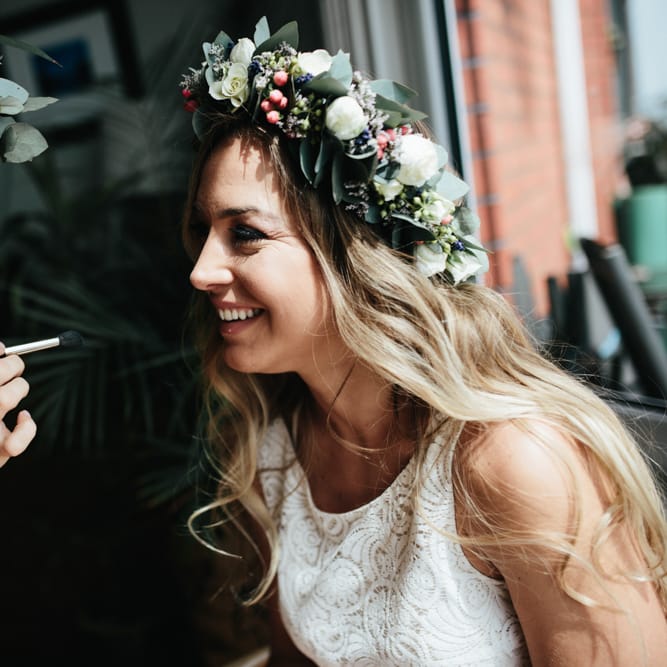 Bride In Flower Crown // Second Hand Wedding Dress For An Eco Friendly Budget Wedding At Slade Farm In Wales With Images From Francesca Hill Photographer