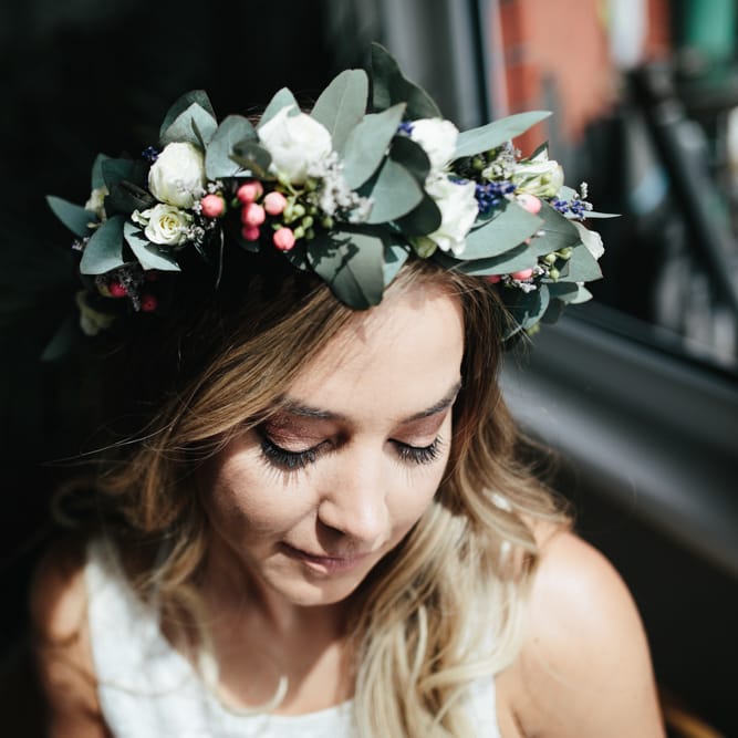 Bride In Flower Crown // Second Hand Wedding Dress For An Eco Friendly Budget Wedding At Slade Farm In Wales With Images From Francesca Hill Photographer