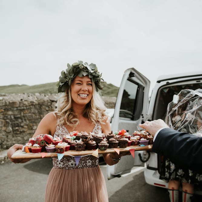 Bridesmaids With Cake Sharing Board For Wedding // Beach Wedding In Wales // Second Hand Wedding Dress For An Eco Friendly Budget Wedding At Slade Farm In Wales With Images From Francesca Hill Photographer