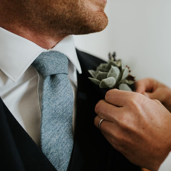 Succulent Buttonhole For Groom // Second Hand Wedding Dress For An Eco Friendly Budget Wedding At Slade Farm In Wales With Images From Francesca Hill Photographer