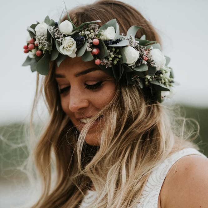 Bride In Flower Crown // Beach Wedding In Wales // Second Hand Wedding Dress For An Eco Friendly Budget Wedding At Slade Farm In Wales With Images From Francesca Hill Photographer