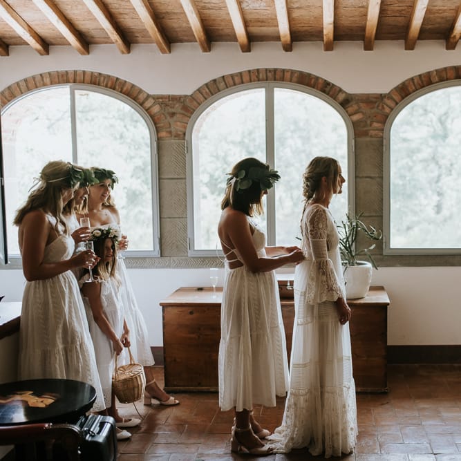 Wedding Morning Bridal Preparations | Bride in Spell &amp; the Gypsy Collective Bell Sleeve Wedding Dress | Outdoor Bohemian Destination Wedding at La Selva, Tuscany | Damien Milan Photography