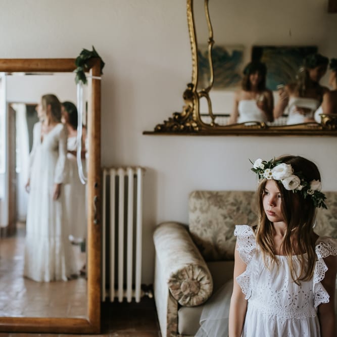 Wedding Morning Bridal Preparations | Bride in Spell &amp; the Gypsy Collective Bell Sleeve Wedding Dress | Outdoor Bohemian Destination Wedding at La Selva, Tuscany | Damien Milan Photography