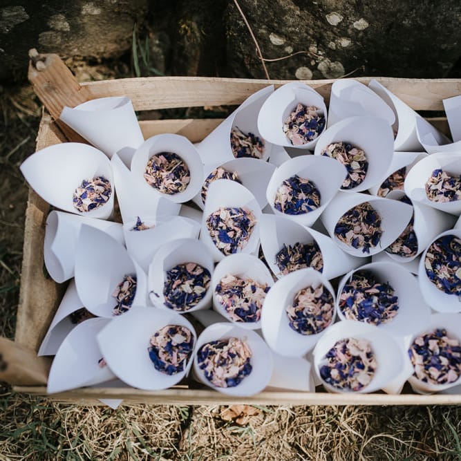 Confetti Cones in Rustic Crate |  | Outdoor Bohemian Destination Wedding at La Selva, Tuscany | Damien Milan Photography