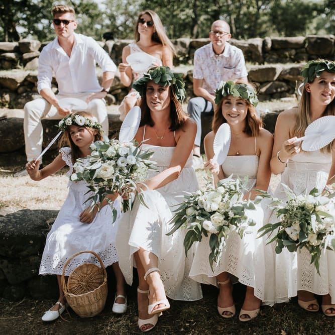 Wedding Ceremony | Bridal Party in White Dresses &amp; Green Flower Crowns | Outdoor Bohemian Destination Wedding at La Selva, Tuscany | Damien Milan Photography