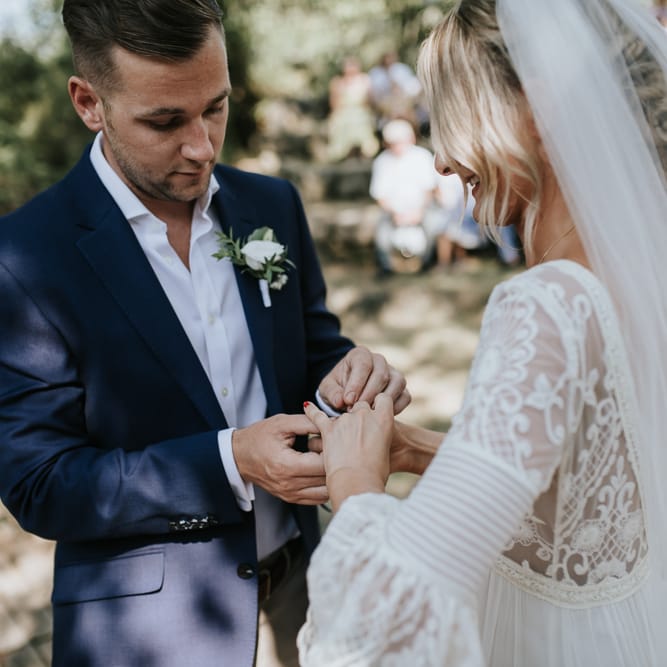 Wedding Ceremony | Bride in Spell &amp; the Gypsy Collective Bell Sleeve Wedding Dress | Groom in Chino's &amp; Blazer | Outdoor Bohemian Destination Wedding at La Selva, Tuscany | Damien Milan Photography