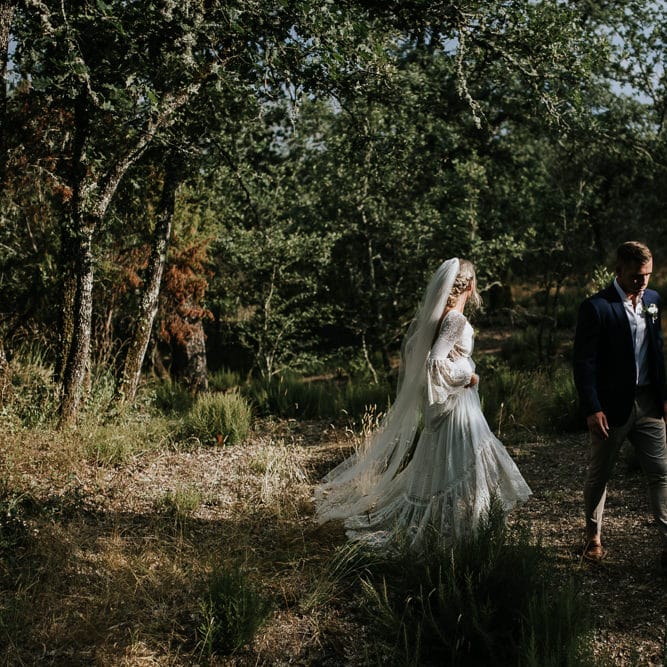 Bride in Spell &amp; the Gypsy Collective Bell Sleeve Wedding Dress | Groom in Chino's &amp; Blazer | Outdoor Bohemian Destination Wedding at La Selva, Tuscany | Damien Milan Photography