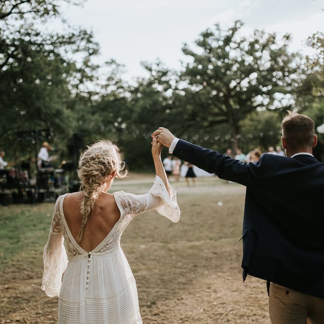 Bride in Spell &amp; the Gypsy Collective Bell Sleeve Wedding Dress | Groom in Chino's &amp; Blazer | Outdoor Bohemian Destination Wedding at La Selva, Tuscany | Damien Milan Photography