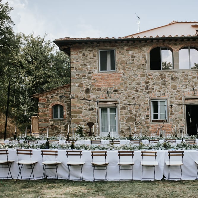 Festoon Lit Outdoor Reception | Bohemian Destination Wedding at La Selva, Tuscany | Damien Milan Photography