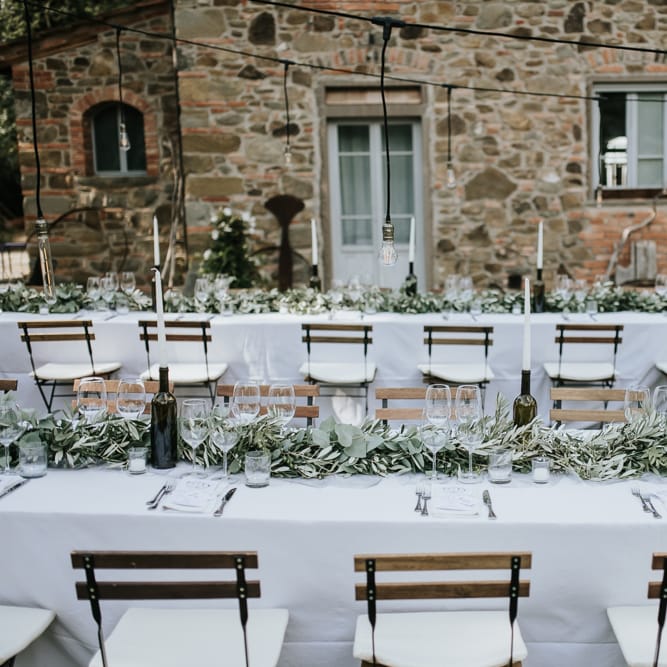 Festoon Lit Outdoor Reception | Bohemian Destination Wedding at La Selva, Tuscany | Damien Milan Photography