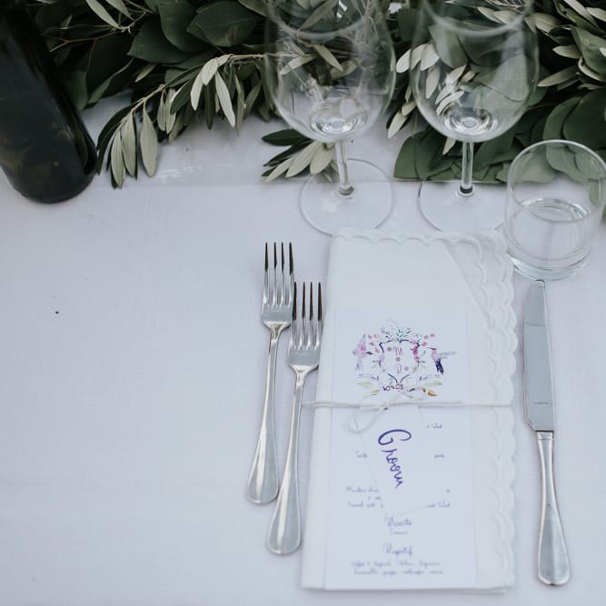 Elegant Place Setting | Festoon Lit Outdoor Reception | Bohemian Destination Wedding at La Selva, Tuscany | Damien Milan Photography