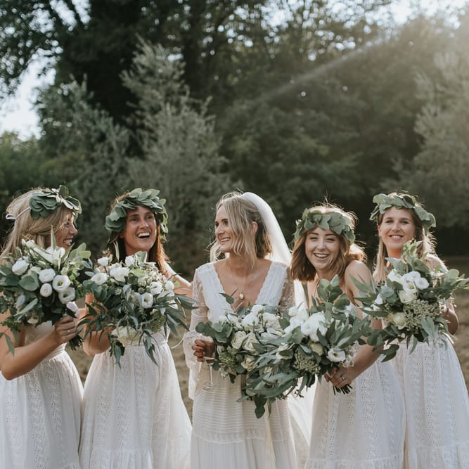 Bridal Party | Bride in Spell &amp; the Gypsy Collective Bell Sleeve Wedding Dress | Bridesmaids in White Dresses | Outdoor Bohemian Destination Wedding at La Selva, Tuscany | Damien Milan Photography