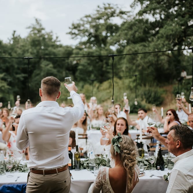 Wedding Reception Speeches | Groom in Chino's &amp; Blazer | Outdoor Bohemian Destination Wedding at La Selva, Tuscany | Damien Milan Photography