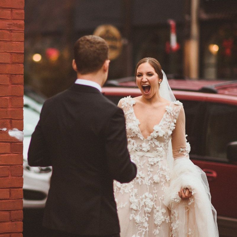 Bride and groom at first look