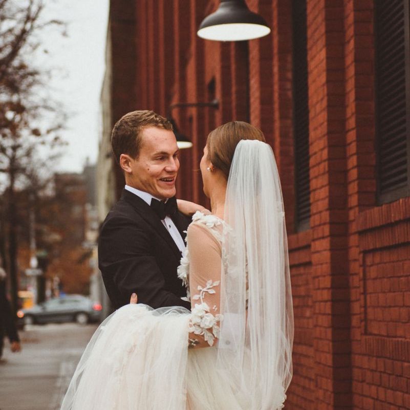 Bride and groom during first look