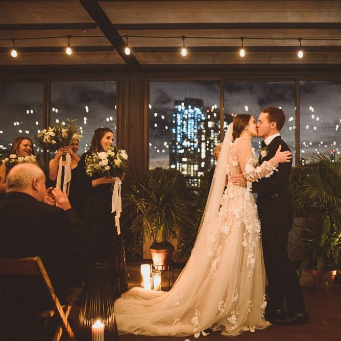 Bride and groom at industrial wedding