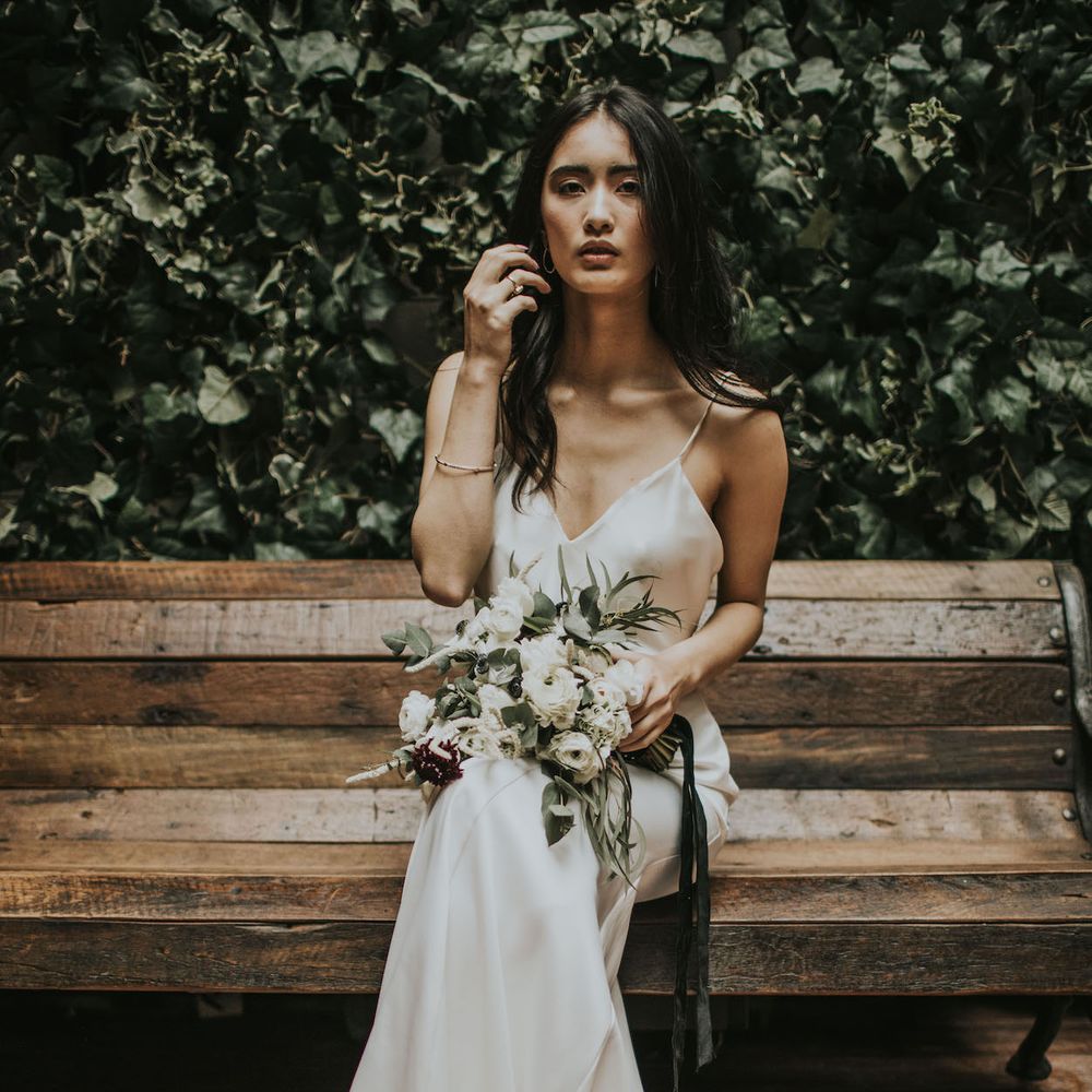 Bride in Slinky Marquis Bridal Gown | Minimalist Monochrome Inspiration with Anemone's &amp; White Genista Flowers styled by The Bijou Bride | Igor Demba Photography | Gione da Silva  Film