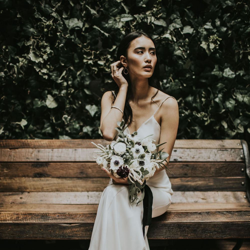 Bride in Slinky Marquis Bridal Gown | Minimalist Monochrome Inspiration with Anemone's &amp; White Genista Flowers styled by The Bijou Bride | Igor Demba Photography | Gione da Silva  Film