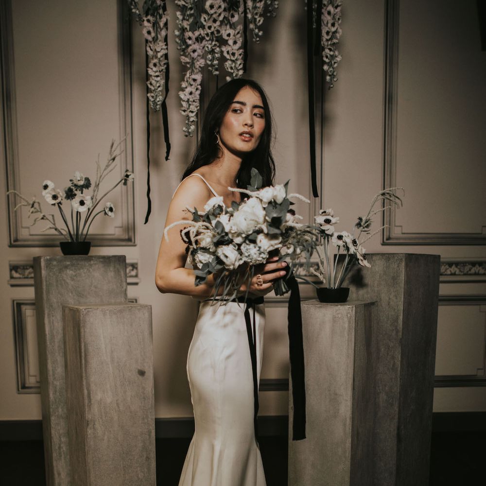 Bride in Slinky Marquis Bridal Gown | Anemone's &amp; White Genista Bouquet | Minimalist Monochrome Inspiration with Anemone's &amp; White Genista Flowers styled by The Bijou Bride | Igor Demba Photography | Gione da Silva  Film