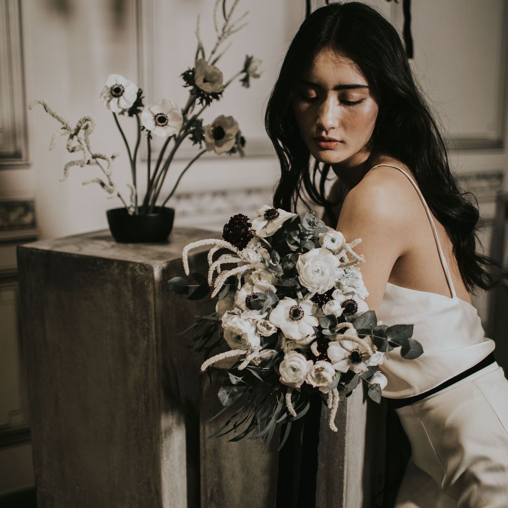 Bride in Slinky Marquis Bridal Gown | Anemone's &amp; White Genista Bouquet | Minimalist Monochrome Inspiration with Anemone's &amp; White Genista Flowers styled by The Bijou Bride | Igor Demba Photography | Gione da Silva  Film