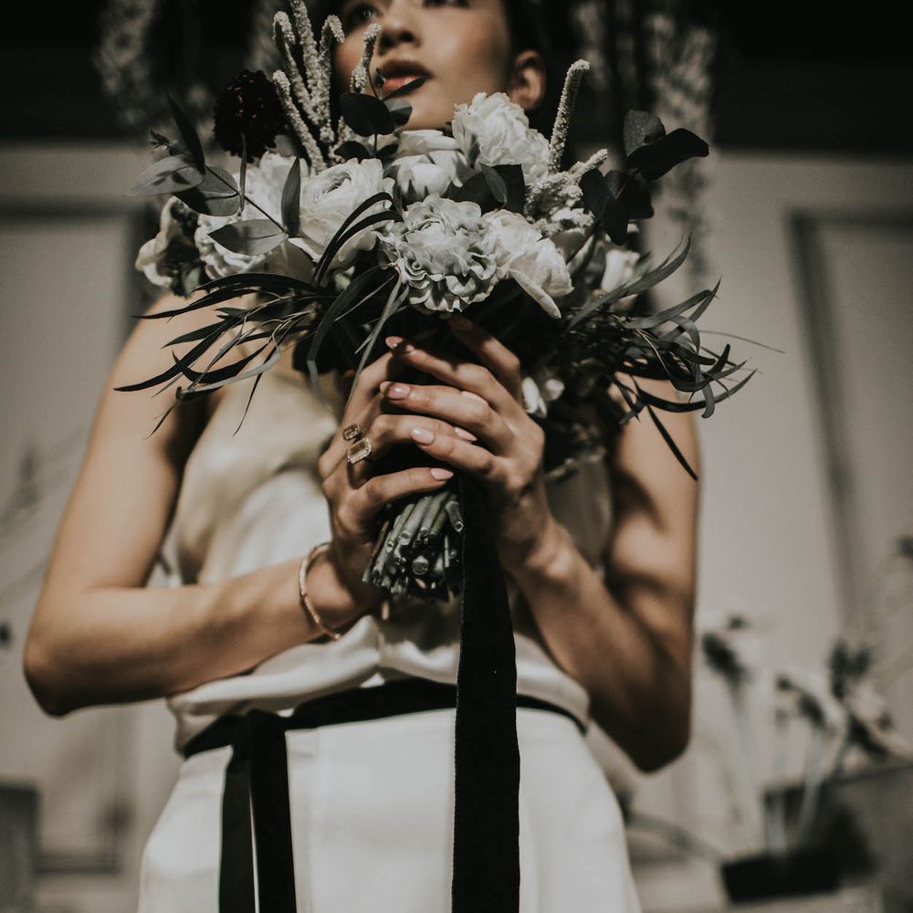 Bride in Slinky Marquis Bridal Gown | Anemone's &amp; White Genista Bouquet | Minimalist Monochrome Inspiration with Anemone's &amp; White Genista Flowers styled by The Bijou Bride | Igor Demba Photography | Gione da Silva  Film