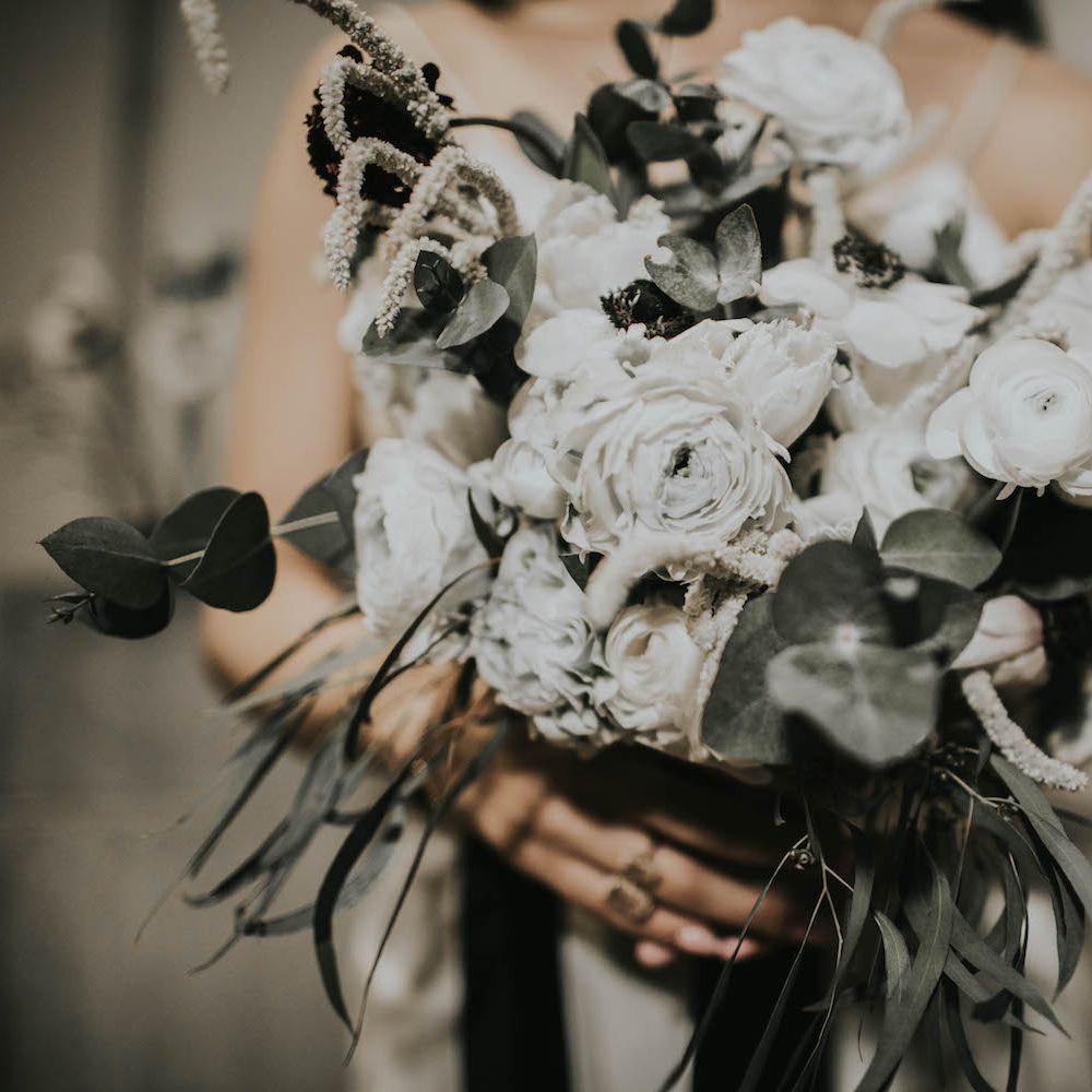 Anemone &amp; Ranunculus Bridal Bouquet | Minimalist Monochrome Inspiration with Anemone's &amp; White Genista Flowers styled by The Bijou Bride | Igor Demba Photography | Gione da Silva  Film