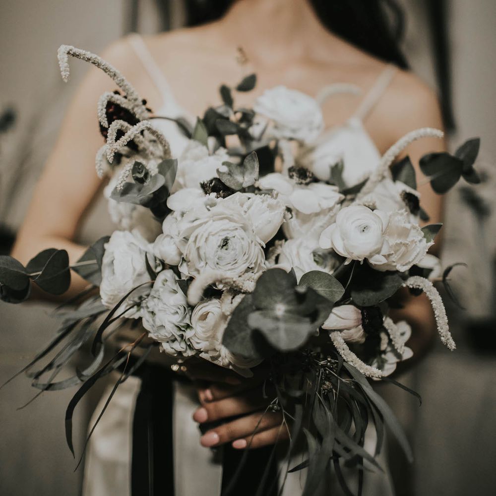 Anemone &amp; Ranunculus Bridal Bouquet | Minimalist Monochrome Inspiration with Anemone's &amp; White Genista Flowers styled by The Bijou Bride | Igor Demba Photography | Gione da Silva  Film
