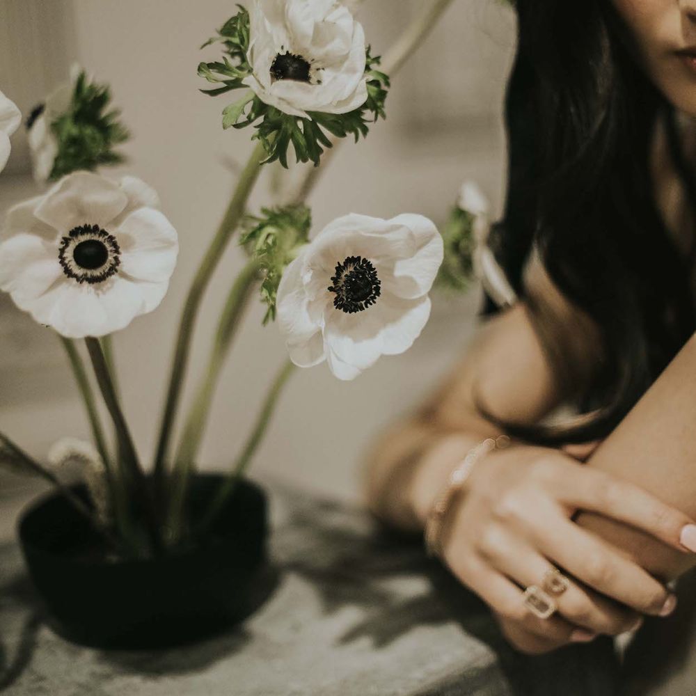 Anemone Stems Floral Arrangement | Minimalist Monochrome Inspiration with Anemone's &amp; White Genista Flowers styled by The Bijou Bride | Igor Demba Photography | Gione da Silva  Film
