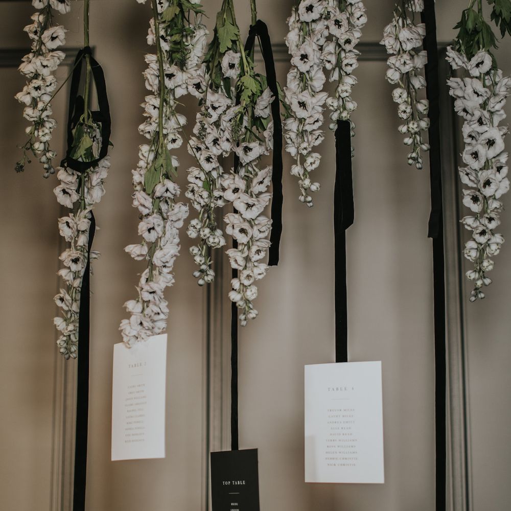 Hanging Anemone Stems with Nat's Paper Studio Stationery Table Plan | Minimalist Monochrome Inspiration with Anemone's &amp; White Genista Flowers styled by The Bijou Bride | Igor Demba Photography | Gione da Silva  Film