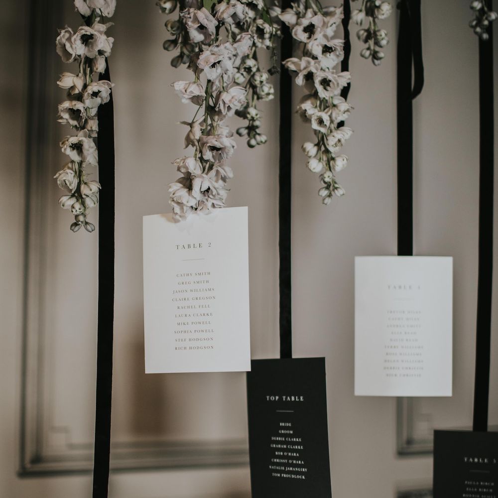 Hanging Anemone Stems with Nat's Paper Studio Stationery Table Plan | Minimalist Monochrome Inspiration with Anemone's &amp; White Genista Flowers styled by The Bijou Bride | Igor Demba Photography | Gione da Silva  Film