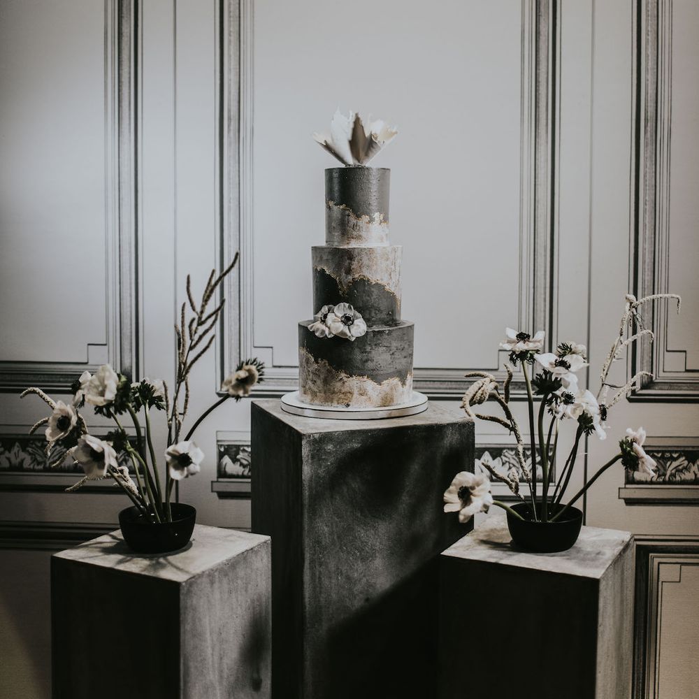 Concrete Wedding Cake by Gaza's Cakes | Anemone Stems Floral Arrangement | Minimalist Monochrome Inspiration with Anemone's &amp; White Genista Flowers styled by The Bijou Bride | Igor Demba Photography | Gione da Silva  Film