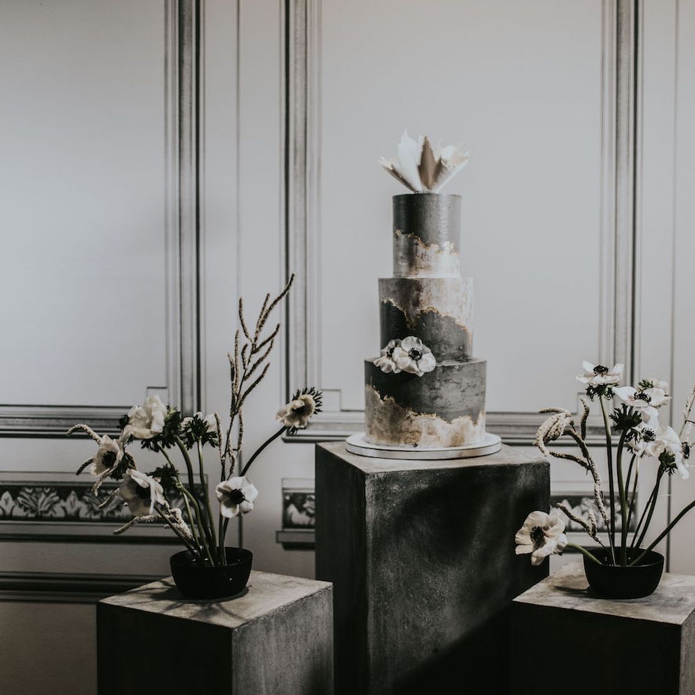 Concrete Wedding Cake by Gaza's Cakes | Anemone Stems Floral Arrangement | Minimalist Monochrome Inspiration with Anemone's &amp; White Genista Flowers styled by The Bijou Bride | Igor Demba Photography | Gione da Silva  Film