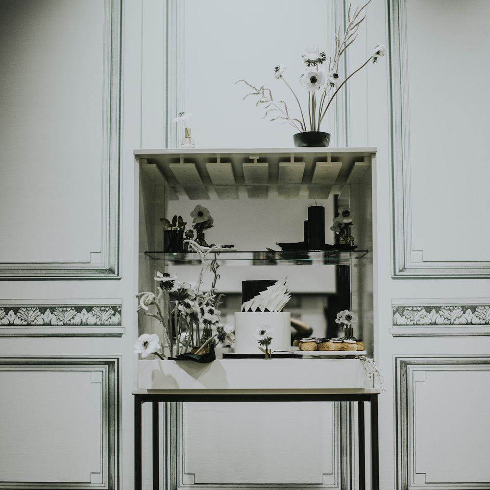 Dessert Table by Gaza's Cakes | Minimalist Monochrome Inspiration with Anemone's &amp; White Genista Flowers styled by The Bijou Bride | Igor Demba Photography | Gione da Silva  Film
