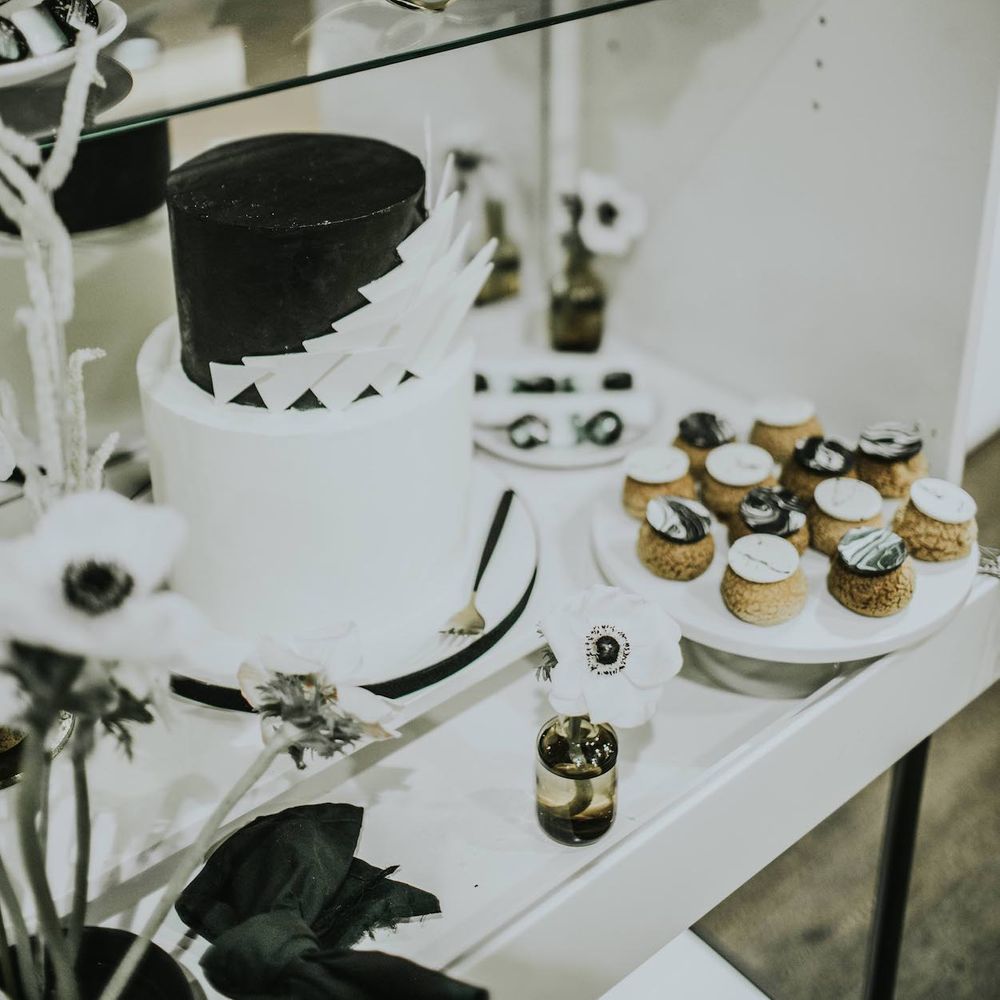 Dessert Table by Gaza's Cakes | Minimalist Monochrome Inspiration with Anemone's &amp; White Genista Flowers styled by The Bijou Bride | Igor Demba Photography | Gione da Silva  Film