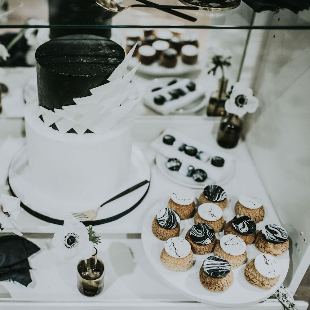 Dessert Table by Gaza's Cakes | Minimalist Monochrome Inspiration with Anemone's &amp; White Genista Flowers styled by The Bijou Bride | Igor Demba Photography | Gione da Silva  Film