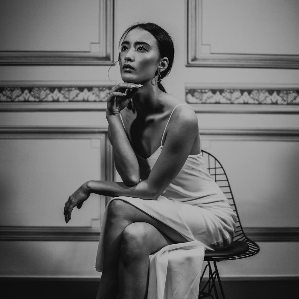 Bride in Slinky Marquis Bridal Gown | Minimalist Monochrome Inspiration with Anemone's &amp; White Genista Flowers styled by The Bijou Bride | Igor Demba Photography | Gione da Silva  Film