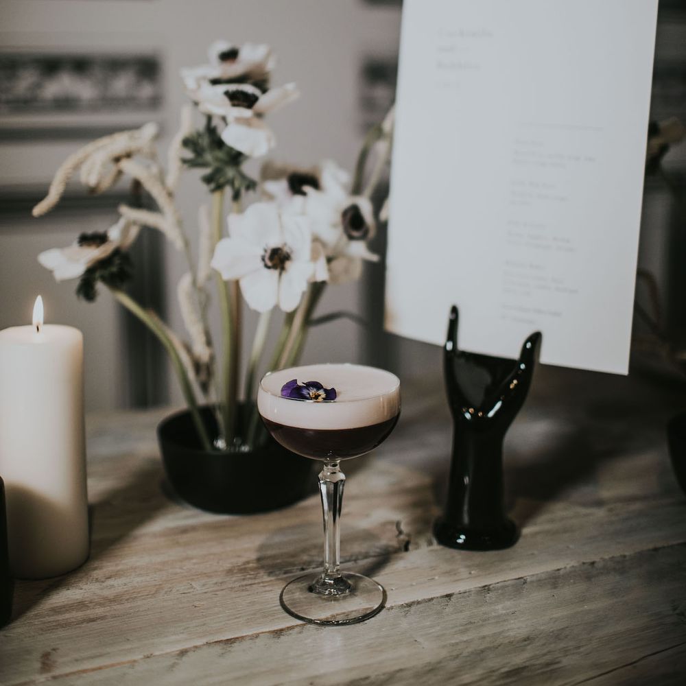 Expresso Martini | Nat's Paper Studio Stationery | Anemone Floral Arrangement | Minimalist Monochrome Inspiration with Anemone's &amp; White Genista Flowers styled by The Bijou Bride | Igor Demba Photography | Gione da Silva  Film