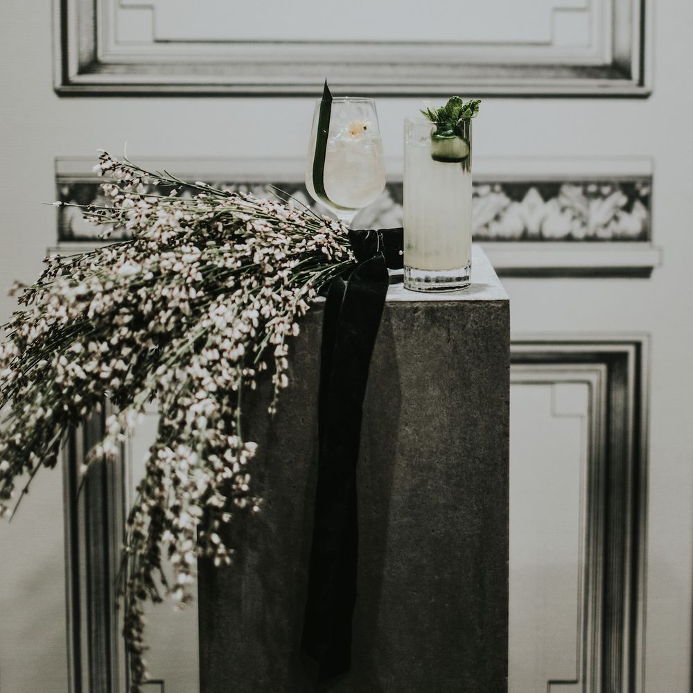 Genista Flowers &amp; Wedding Cocktail | Minimalist Monochrome Inspiration with Anemone's &amp; White Genista Flowers styled by The Bijou Bride | Igor Demba Photography | Gione da Silva  Film