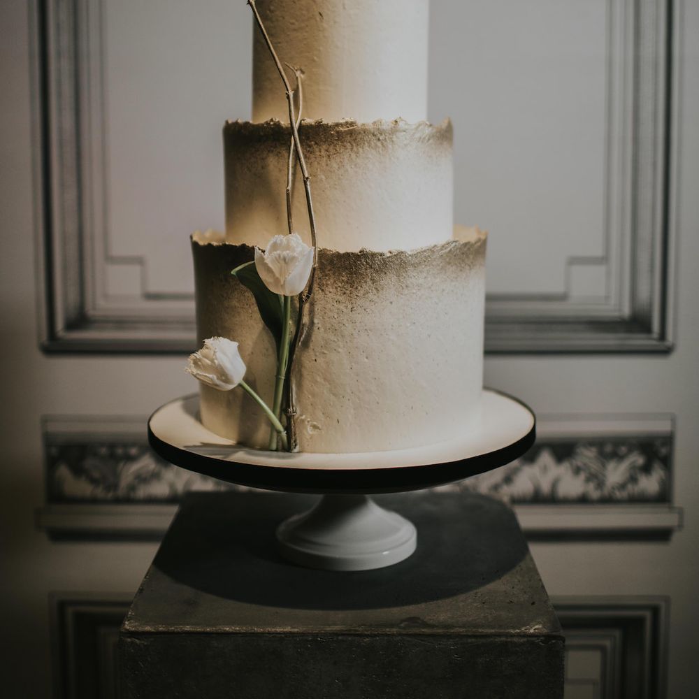 Gaza's Cakes with Gold Decor | Minimalist Monochrome Inspiration with Anemone's &amp; White Genista Flowers styled by The Bijou Bride | Igor Demba Photography | Gione da Silva  Film