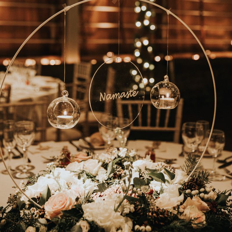 Wedding table hoop decor and hanging candles