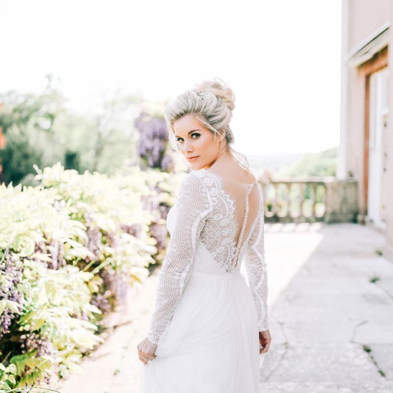 Beautiful Bridal Makeup with Bride in Lace Illusion Back Wedding Dress