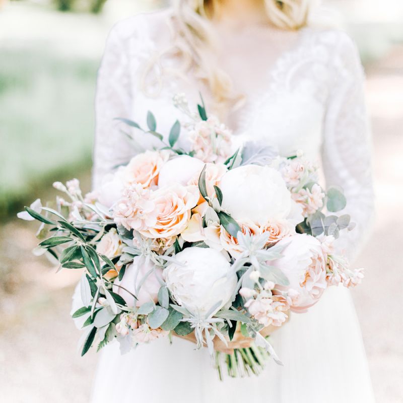 White Peony and Peach Rose Wedding Bouquet