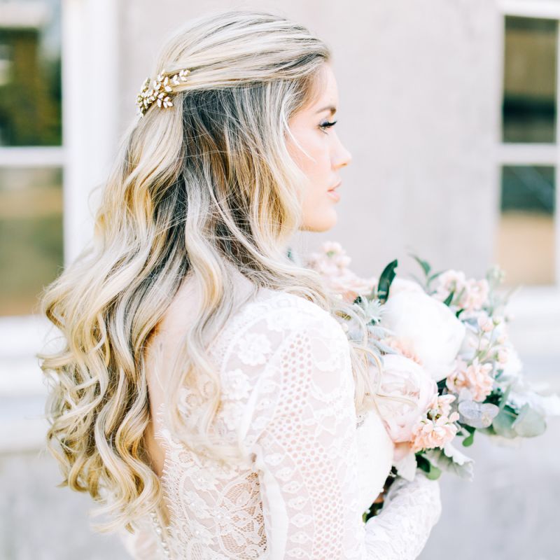 Bride in Lace Long Sleeve Wedding Dress with Half Up Half Down Wavy Hair