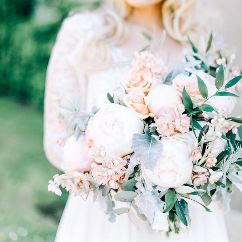 White Peony, Peach Rose and Foliage Wedding Bouquet