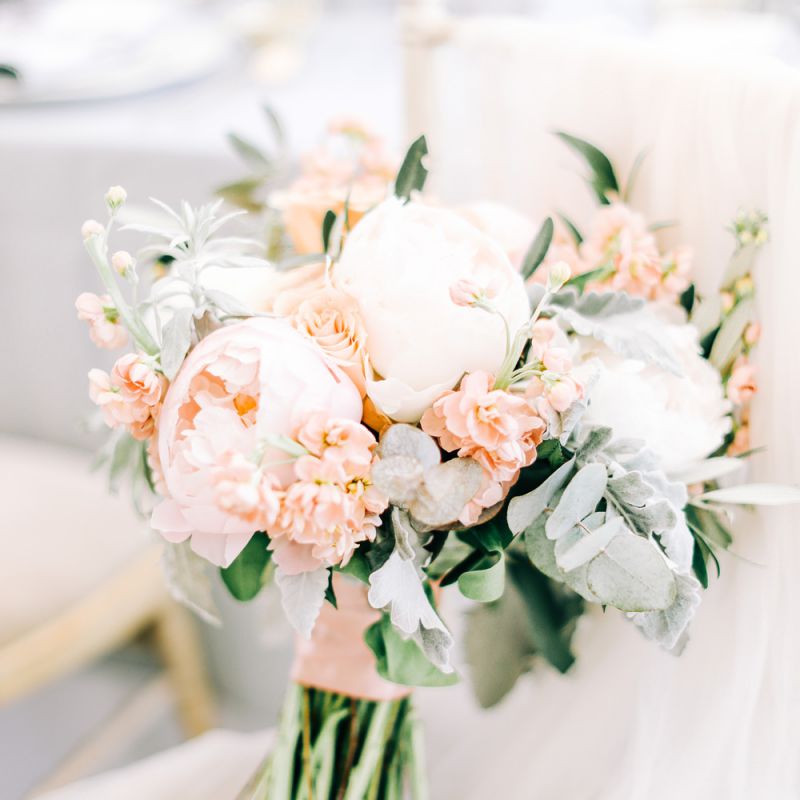 White and Peach Wedding Bouquet with Foliage, Peonies, Stocks and Roses