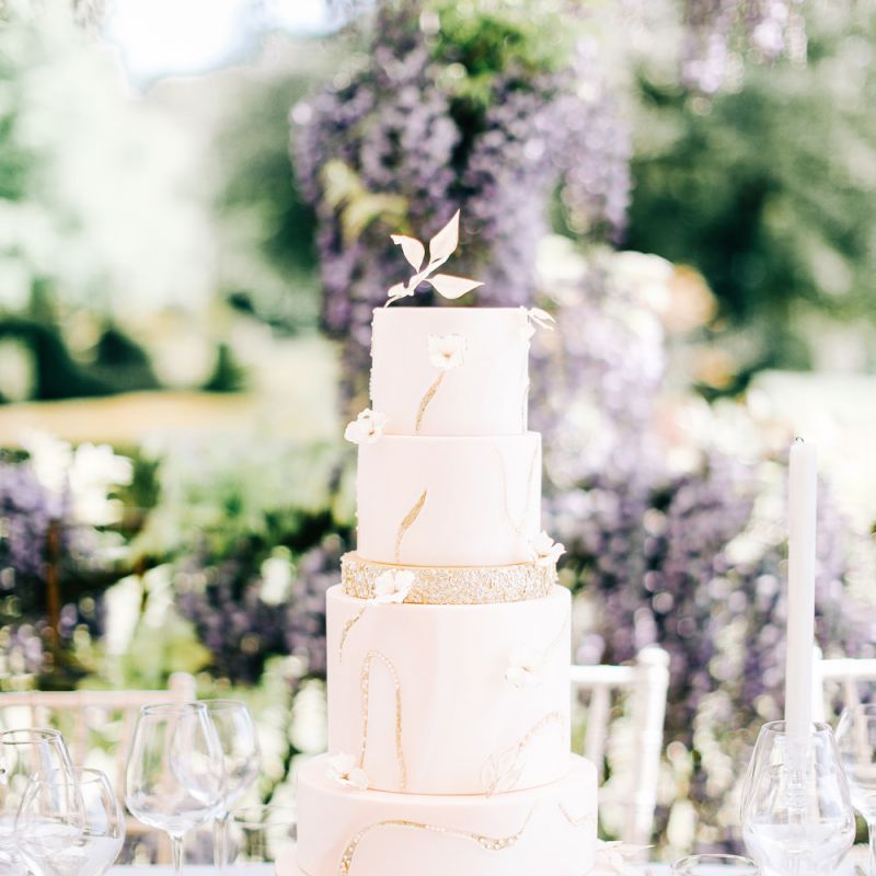 Elegant Blush Pink Wedding Cake with Gold Glitter Detail