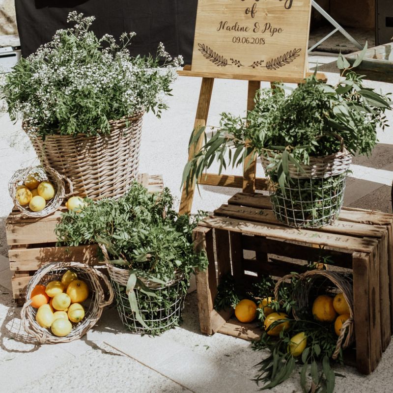 Wooden Wedding Welcome Sign with Crates &amp; Baskets Decor