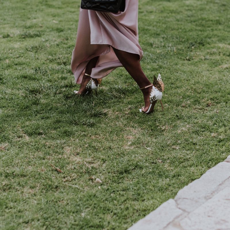 Wedding Guest in Sophia Webster Evangeline Sandals with Angel Wing Backs
